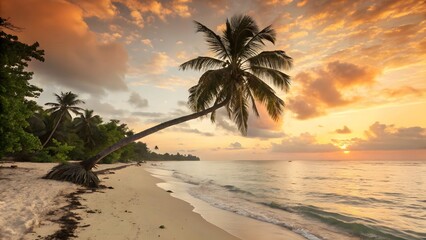 Serene sunset paints the sky with fiery hues, a lone palm tree gracefully bends over a pristine beach, waves gently lapping the shore, a tranquil paradise.