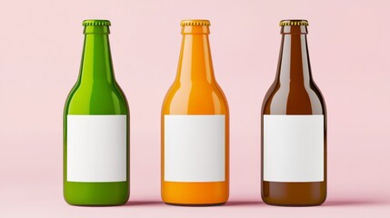 Three glass bottles in green, orange, and brown colors, each with a blank white label, stand on a pink background. Clean and simple product display.