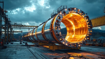 Assembling Large Steel Pipes in Industrial Environment with Dramatic Sky