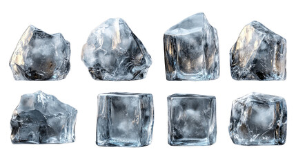 Obraz premium Chilled Cubes and Chunks: Collection of cool ice cubes and ice chunks with different shapes. Ideal for cocktails, drinks, and beverages.