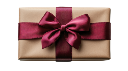 Elegant Gift Box: A beautifully wrapped gift box, presented in a rich gold paper and a deep maroon ribbon, symbol of celebration and anticipation.