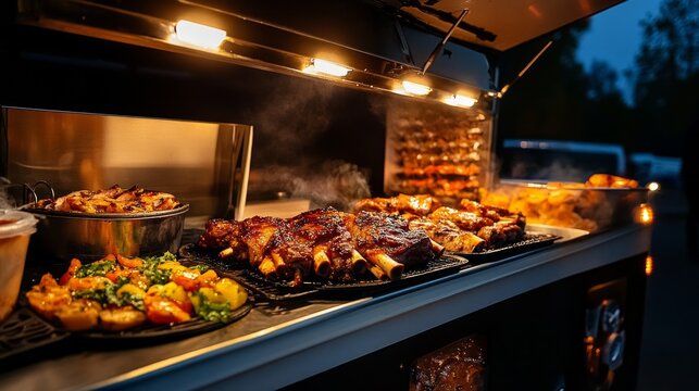 A food truck display with steaming ribs, chicken, and colorful vegetables under warm lights at night.