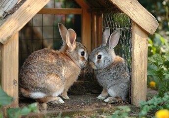Fototapeta premium Rabbits Interacting in Garden Hutch Fence Setting