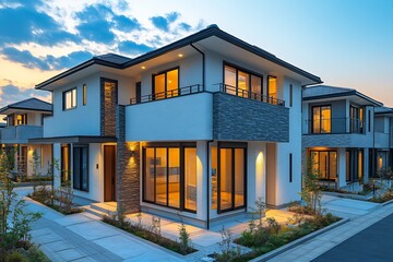 Fototapeta premium Luxury Modern House at Dusk: Elegant Architecture and Tranquil Evening