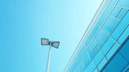 A contemporary business office building set against a clear blue sky, accompanied by a stylish street lamp