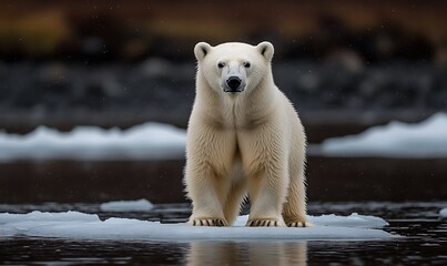 Polar Bear Standing on Ice Floe in Arctic Waters Scene