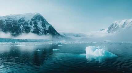 Wide shot of icebergs floating in the ocean near an alpine mountain in foggy weather