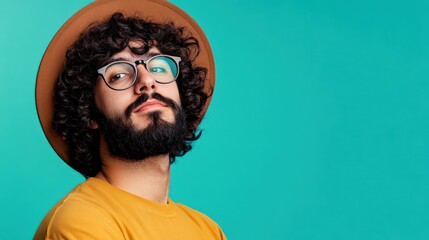 Obraz premium A man with curly hair wears a hat and glasses