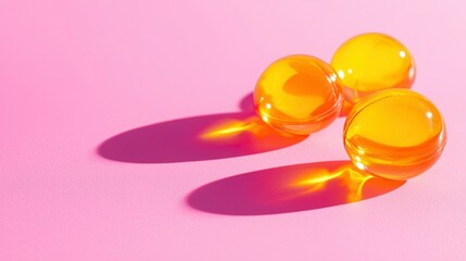 Three translucent yellow spheres on pink