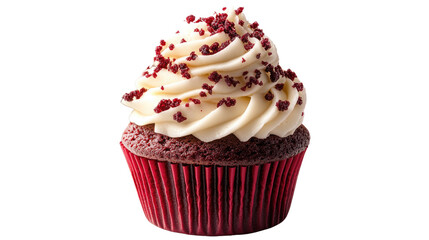 Velvet Delight: An enticing close-up of a red velvet cupcake, its moist crumb and creamy frosting enhanced with vibrant toppings, inviting indulgence and evoking pure delight.