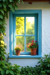 Fototapeta premium Serene Window View Bright Sunlight Illuminates Lush Greenery and Vibrant Potted Flowers, Creating a Tranquil Garden Scene