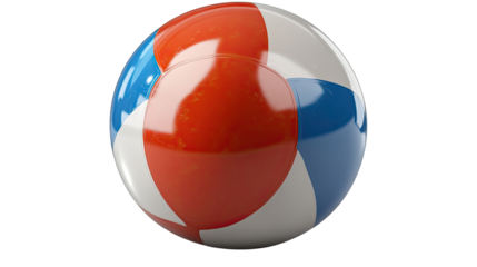 Vibrant Beach Ball: A close-up shot of a colorful beach ball, showcasing its playful design of alternating panels of red, blue, and white, evoking memories of summer fun. 