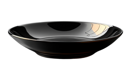 Elegant Ceramic Bowl: A sleek, minimalist ceramic bowl with a glossy black finish and a subtle golden rim, presented in a studio setting. 