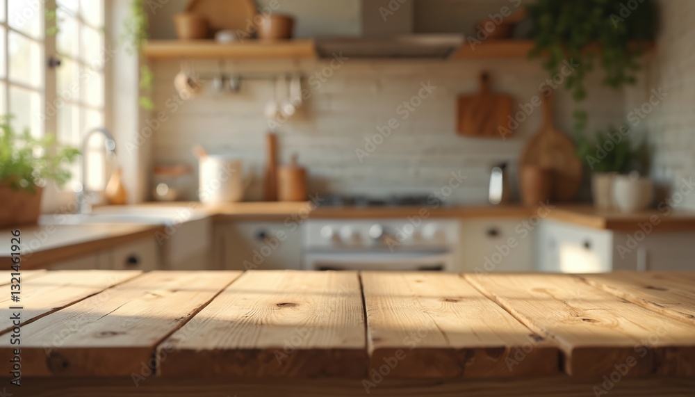 Poster rustic wooden table against blurred kitchen. smooth finish tabletop, perfect for mockups, product di