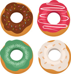 Various soft textured donut deserts with four flavors, delicious donut snacks, donut cartoons with a flat style.
