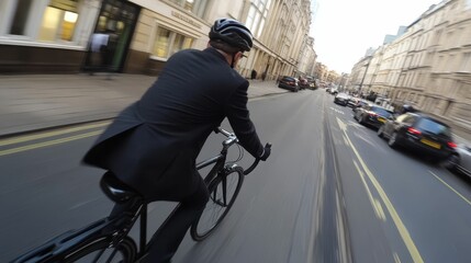 Business person bikes down city street quickly.