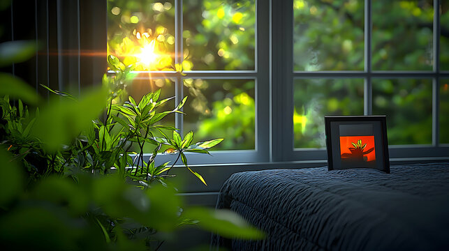 A bright room with a plant and window sunlight shining brightly