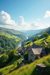 Serene River Valley Homes nestled on a hillside overlooking a winding river and lush green landscape under a bright summer sky.