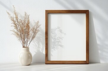 Minimalistic Wooden Frame Mockup with Dried Flowers on White Wall for Art and Photo Presentation