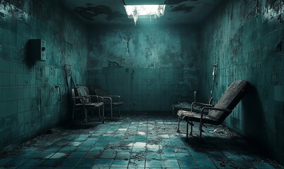 A Hauntingly Eerie Abandoned Room with Decaying Walls and Furniture
