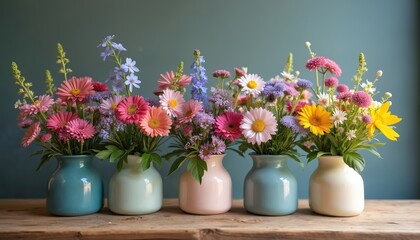 Fototapeta premium Colorful wildflower bouquets arranged in small vases showcase blossom from country meadows. Home decor. Floral arrangement wallpaper on wooden table. Interior design element brings natural beauty.