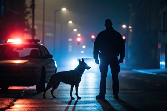 Police officer and k9 unit patrolling urban streets at night dramatic scene law enforcement dark environment side view crime prevention