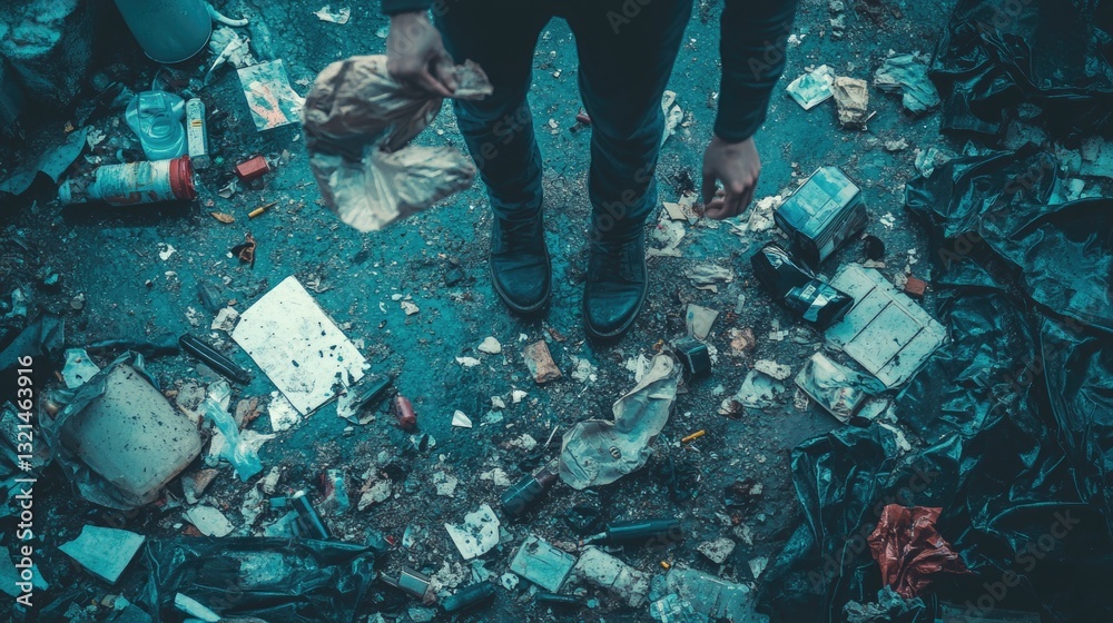 Poster a person standing in the midst of a trash pile, with debris and waste surrounding them
