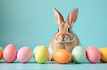 Cute Easter bunny with colorful eggs holiday design. Brown rabbit, decorated colored egg composition on blue background. Spring holiday celebration. Easter greeting card, invitation, design. Symbol