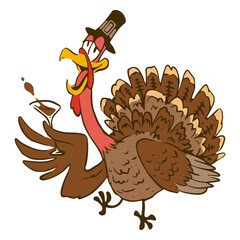 Drunk Turkey in Celebration: An amusing illustration showcases a jovial turkey, dressed in a pilgrim hat and clutching a cocktail, clearly in the midst of a festive celebration.