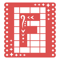 Vibrant Papel Picado 'F': Intricate red papel picado with the letter 'F' cut out, adorned with delicate patterns and shapes, creating a festive and culturally rich graphic element.