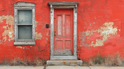 Old Red Door and Window on Weathered Wall in Abandoned Neighborhood Scene