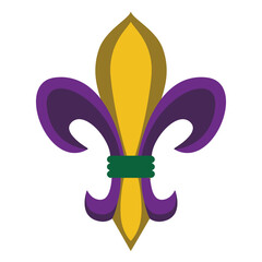 Fleur-de-lis Illustration: A stylized illustration of a fleur-de-lis, featuring vibrant purple and gold petals with a green band at the center. The design is clean, elegant and symbolic.