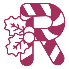 Festive "R" Graphic: A creatively designed letter "R", adorned with a candy cane, and festive holly, creating a cheerful illustration, perfect for the holiday season.