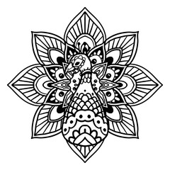 Mandala peacock: intricate mandala art design featuring a stylized peacock, a symbol of beauty, and grace, created with meticulous line work and attention to detail. A meditation-evoking illustration.