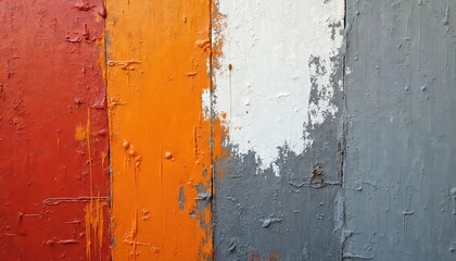 Closeup of grunge messy wall texture with red orange white gray paint strokes pattern. Creative urban city background in street art style, brush strokes, copy space.