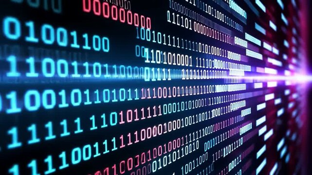 Futuristic digital technology vibrant binary code streams and data flow create abstract information landscape.