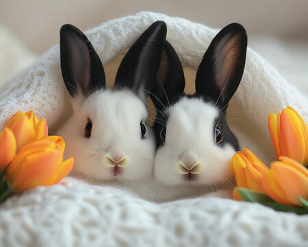 Two adorable baby bunnies snuggled up under soft white blankets, their black ears and white fur contrasting with the vibrant orange tulips beside them. Cute Easter and spring cover
