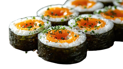 Sushi Delight: Fresh sushi rolls with vibrant orange center, perfectly capturing the taste and texture, ready to tantalize your taste buds