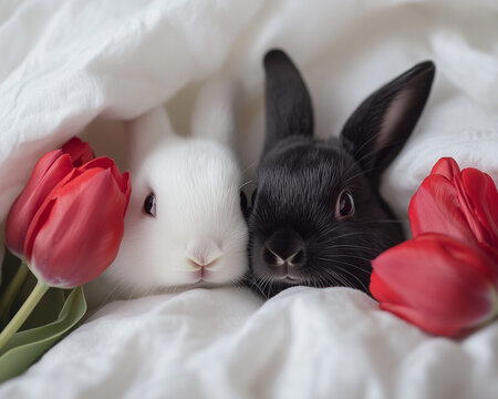 Black and white baby bunnies cuddling on a bed with white blanket and red tulips around. Close-up. Adorable Easter and spring wallpaper