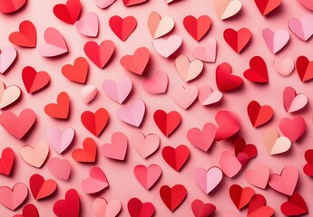 Red and Pink Paper Hearts on Pink Background Valentine's Day Design