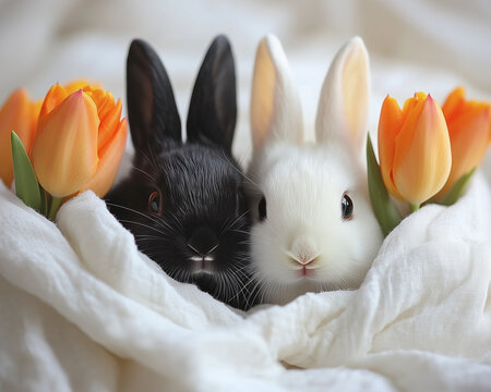 Two baby bunnies snuggling in bed, one black bunny and the other white, with orange tulips next to them, on white linen sheets. Close up. Cute animal cover. Minimal Easter and spring idea