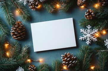 Minimalist Christmas New Year Greeting Card Mockup with Blank Space Surrounded by Pine Branches Snowflakes and Fairy Lights