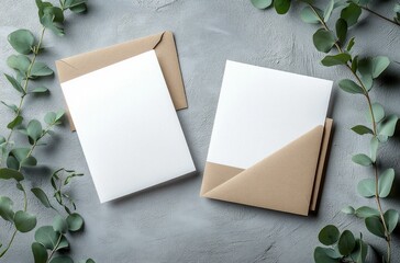 Minimalist Wedding Invitation Card Mockup with Blank Envelopes and Eucalyptus Decor