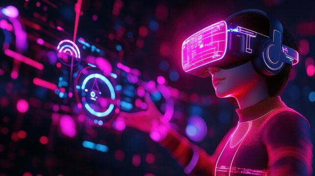 Futuristic Virtual Reality Experience in Neon Cyberpunk Environment with Holographic Interfaces and Advanced Technology