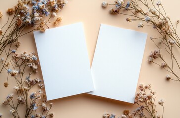 Minimalist Wedding Invitation Stationery Card Mockup with Blank Front and Back Sides Surrounded by Dried Flowers