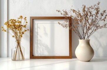 Minimalist Wooden Picture Frame with Dried Flowers in White Modern Interior