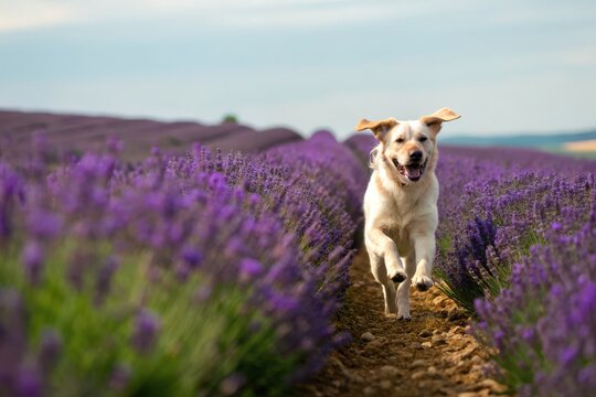 Joyful labrador dog running through lavender fields in nature vibrant landscape photography outdoor adventure cheerful atmosphere captured moments