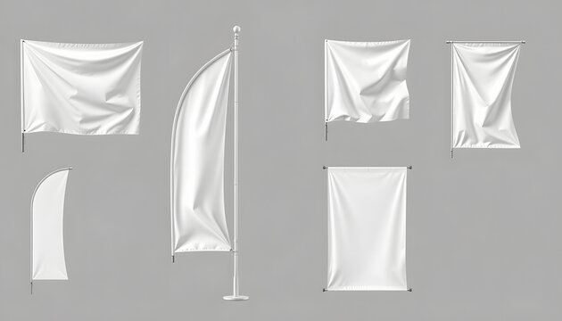 Vector set of blank, textile banners or flags in various shapes, for brand promotion, marketing, advertisement isolated on background. Outdoor, portable pole with cloth, mockup for your design. Whit