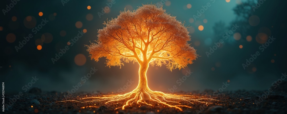 Fototapete Glowing digital tree with illuminated roots, branches on dark abstract background. Futuristic vibrant surreal magic aethereal artwork. Modern tech innovation connecting cyber network with nature