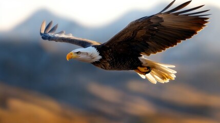 Obraz premium Bald eagle soaring gracefully against a mountain backdrop, captured in vibrant detail.